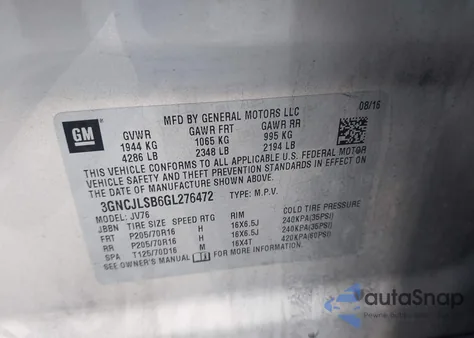 2016 Chevrolet Trax Lt from USA, damaged, VIN 3GNCJLSB6GL276472